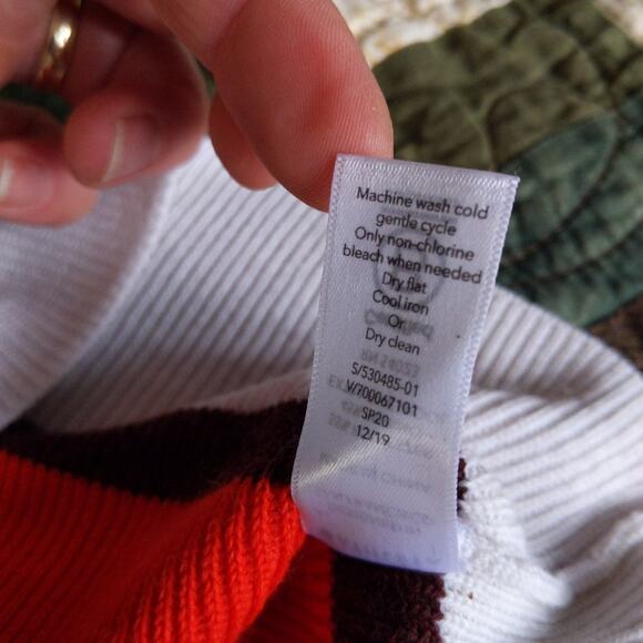 Athleta XS Cream Color Block Merino Wool Blend Cropped Sweater Coral Striped - Picture 6 of 8